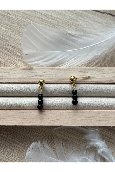 Minimal Siyah Oniks Taşı Altın Kaplama Top Küpe ürün görseli 1