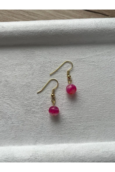 8 mm Pembe Akik Taşı Altın Kaplama Sallantı Küpe ürün görseli 1