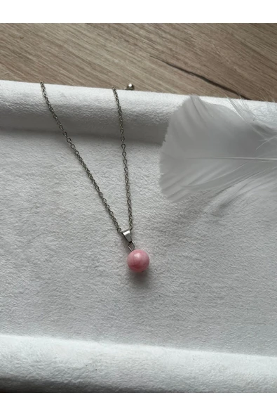 8 mm Pembe Opal Taşı Gümüş Kaplama Kolye ürün görseli 1