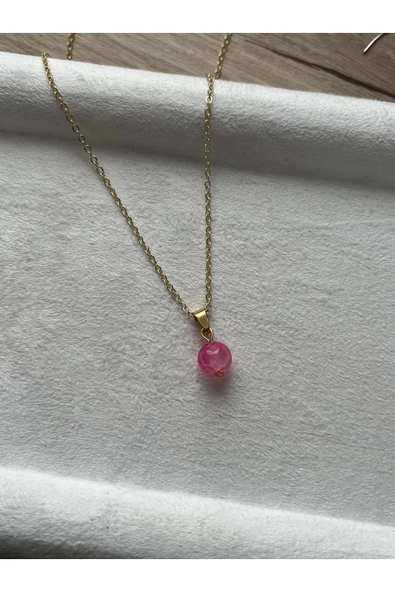 8 mm Pembe Akik Taşı Altın Kaplama Kolye ürün görseli 1