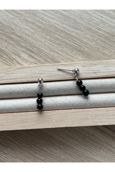 Minimal Siyah Turmalin Taşı Gümüş Kaplama Top Küpe ürün görseli 1