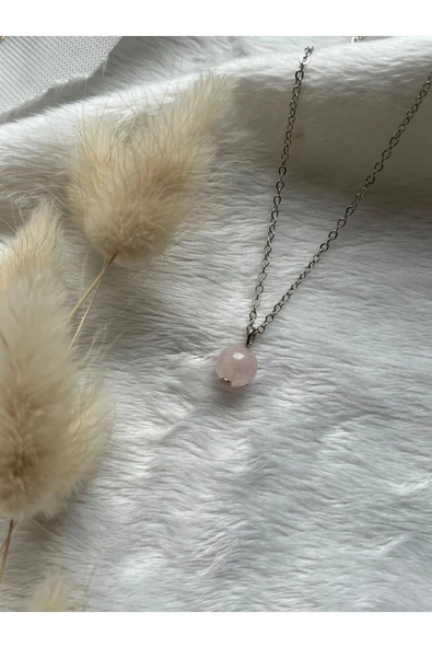 Pembe Kuvars Taşı 8 mm Gümüş Kaplama Kolye ürün görseli 1