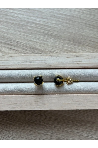 Gold Obsidyen Taşı Altın Kaplama Top Küpe El Yapımı ürün görseli 1