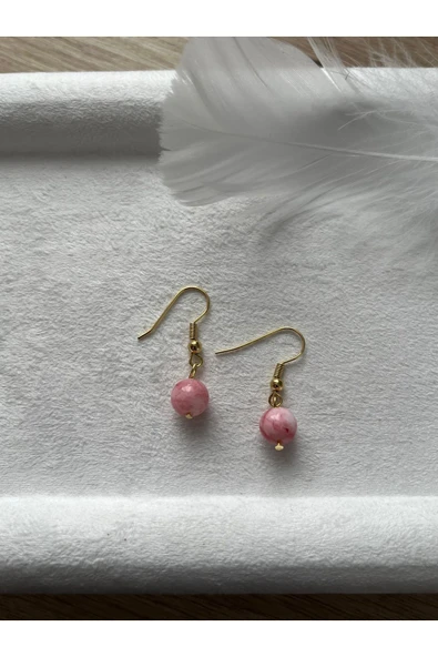 8 mm Pembe Opal Taşı Altın Kaplama Sallantı Küpe ürün görseli 1