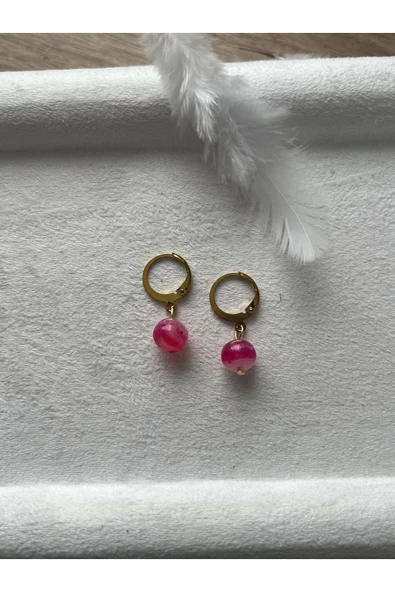 8 mm pembe akik taşı Altın Kaplama Halka Küpe ürün görseli 1