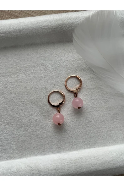 8 mm Pembe Kuvars Rose Gold Bakır Halka Küpe ürün görseli 1