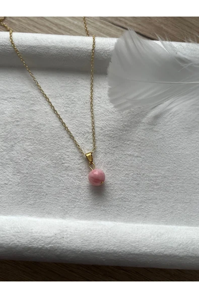 8 mm Pembe Opal Taşı Altın Kaplama Kolye ürün görseli 1