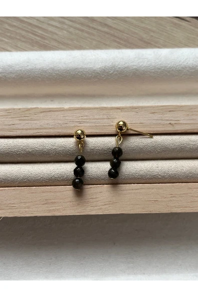 Minimal Gold Obsidyen Taşı Altın Kaplama Top Küpe ürün görseli 1