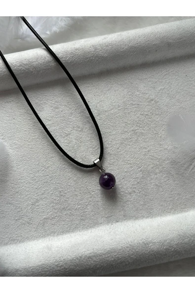 8 mm ametist taşı deri ip kolye ürün görseli 1