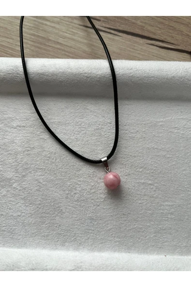 8 mm pembe opal taşı siyah deri ip kolye ürün görseli 1