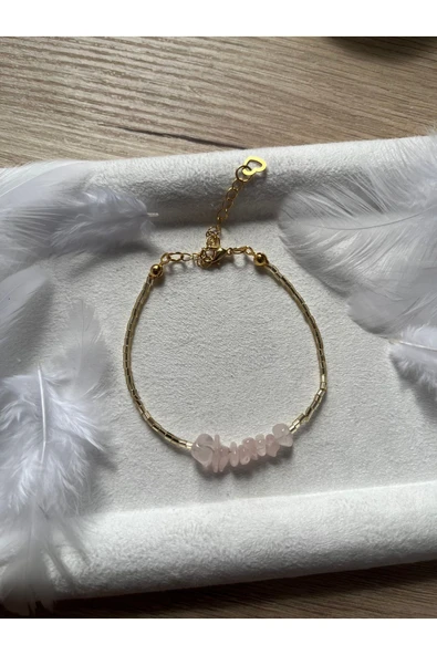 Pembe Kuvars Doğal Taş Altın Detaylı Bileklik Minimal ürün görseli 1