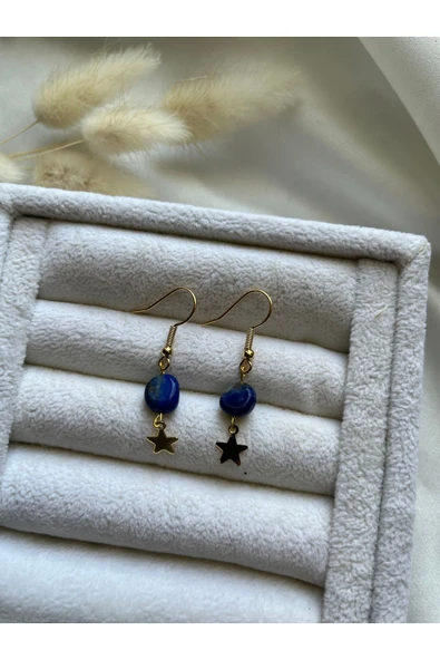 Lapis lazuli taşı yıldız detaylı küpe el yapımı altın kaplama ürün görseli 1