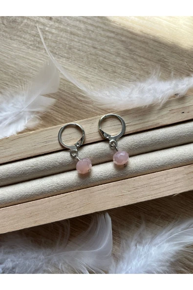 8 mm Pembe Kristal Gümüş Kaplama Halka Küpe ürün görseli 1