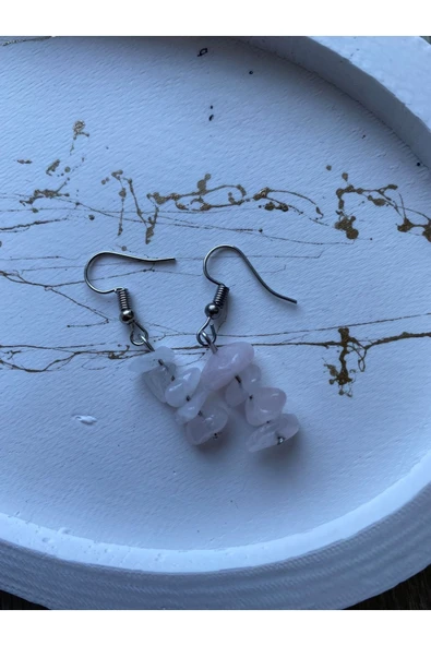 Kırık Pembe Kuvars Doğal Taş Gümüş Sallantı Küpe ürün görseli 1
