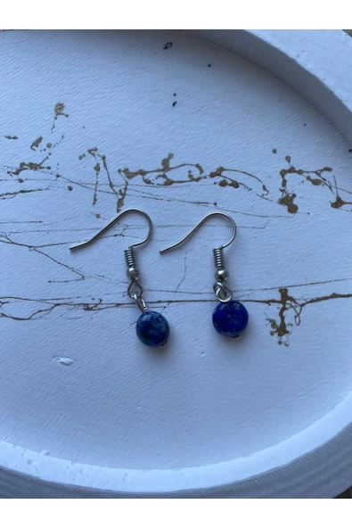 Oval Lapis Lazuli Doğal Taş Gümüş Sallantı Küpe ürün görseli 1