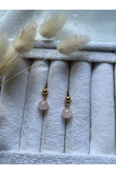 8 mm Pembe Kuvars Altın Kaplama Top Küpe el yapımı ürün görseli 1
