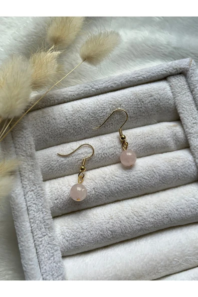8mm Pembe Kuvars Altın Kaplama Sallantı Küpe ürün görseli 1