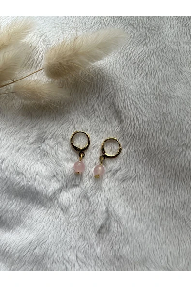 Pembe kuvars 24k altın kaplama el yapımı halka küpe doğal taş kararmaz ürün görseli 1