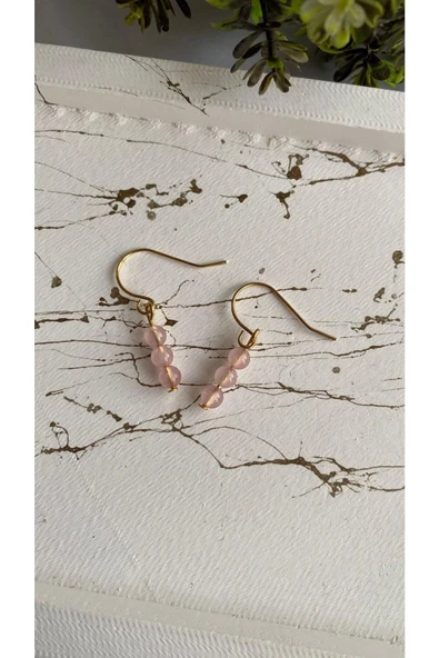Minimal Pembe Kuvars Doğal Taş Kararmaz Altın Kaplamalı Küpe ürün görseli 1
