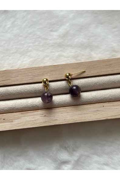 8 mm ametist taşı altın kaplama top küpe ürün görseli 1