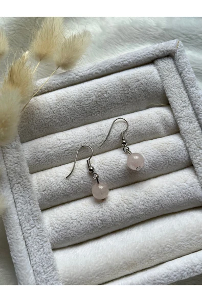 8 mm Pembe Kuvars Gümüş Kaplama Sallantılı Küpe ürün görseli 1