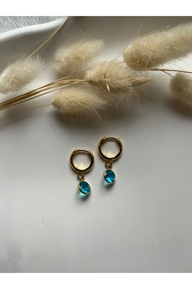 Mavi Kristal 24k Altın Kaplama Halka Küpe ürün görseli 1