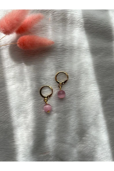 Pembe Kedi Gözü Taşı Altın Kaplama Küpe ürün görseli 1