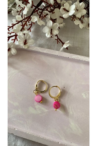 Pembe Sedef Taşı Altın Minimal Küpe ürün görseli 1
