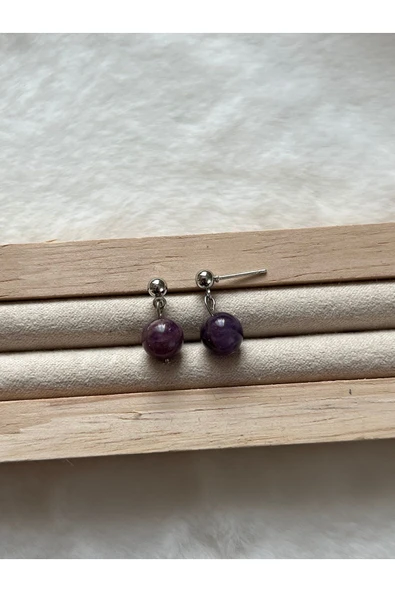 8 mm ametist taşı gümüş kaplama top küpe ürün görseli 1
