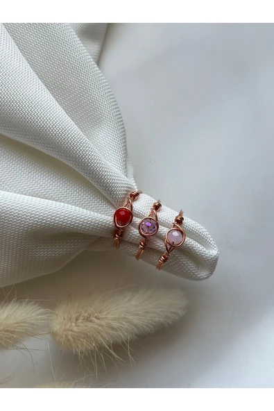 Üçlü Kristal Bakır Tel Yüzük Seti ( kırmızı , mor ,  pembe) ürün görseli 1