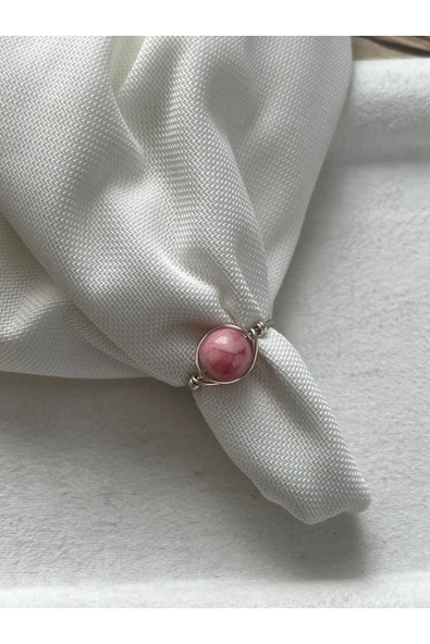 8 mm pembe opal taşı ayarlanabilir gümüş tel yüzük ürün görseli 1