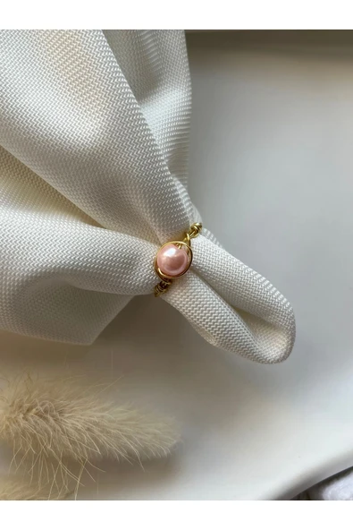 Pembe Cam İnci Altın Tel Yüzük El Yapımı ürün görseli 1