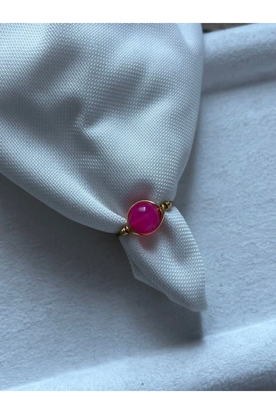8 mm Pembe Akik Ayarlanabilir Altın Tel Yüzük ürün görseli 1