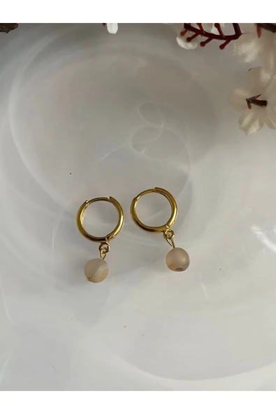 Beyaz Akik Doğal Taş 24k Altın Kaplama Küpe ürün görseli 1