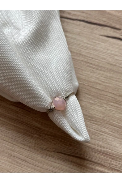 8 mm Pembe Kristal Gümüş Ayarlanabilir Tel Yüzük ürün görseli 1
