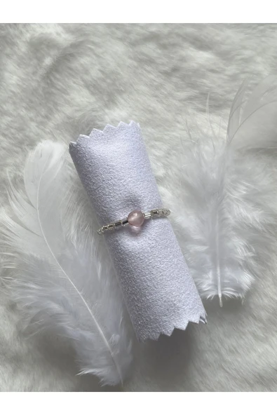 Minimal Pembe Kuvars Taşı Gümüş Boncuklu Lastikli Yüzük ürün görseli 1