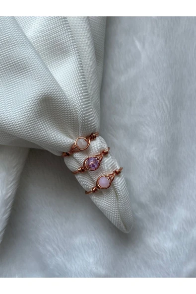 Üçlü kristal minimal bakır tel yüzük seti  (pembe mor beyaz) ürün görseli 1