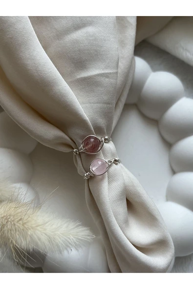Pembe Kuvars Gül Kuvars Ikili El Yapımı Tel Yüzük Doğal Taş ürün görseli 1