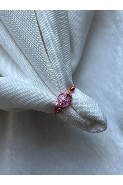 Pembe Necef Taşı Ayarlanabilir Bakır Tek Yüzük El Yapımı ürün görseli 1
