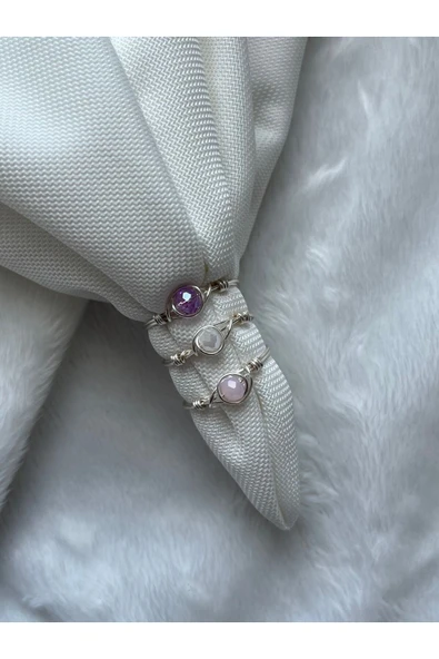 Üçlü kristal minimal gümüş tel yüzük seti  (pembe mor beyaz) ürün görseli 1