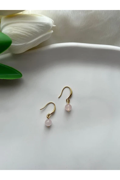 Pembe Kuvars Çelik Altın Küpe El Yapımı ürün görseli 1
