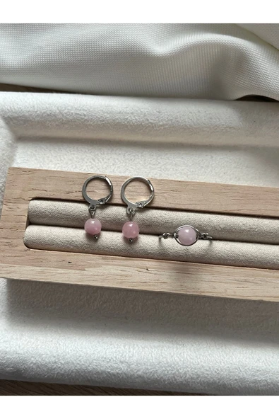 Pembe Opal Taşı Çelik Küpe Yüzük Set El Yapımı ürün görseli 1