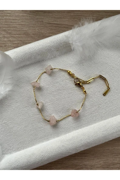 Kırık Pembe Kuvars Çelik Bileklik El Yapımı ürün görseli 1