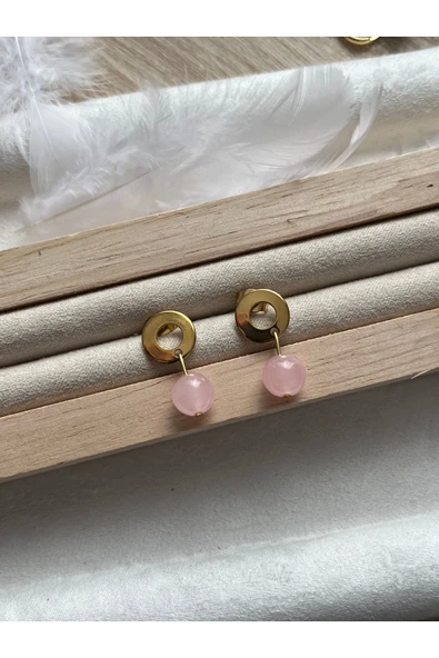 Pembe Kuvars Taşı Çelik Paslanmaz Küpe El Yapım ürün görseli 1