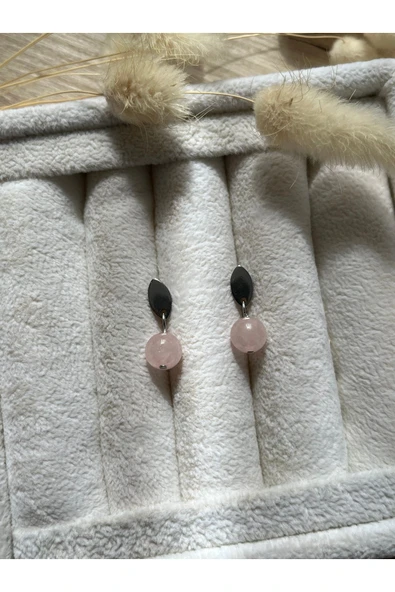 Pembe kuvars taşı çelik plaka küpe ürün görseli 1
