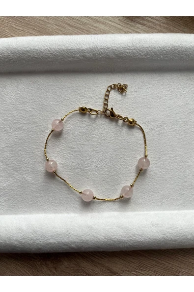 Pembe kuvars paslanmaz çelik el yapımı bileklik ürün görseli 1