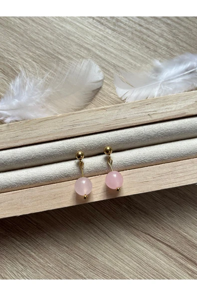 Pembe kuvars çelik altın top küpe el yapımı ürün görseli 1