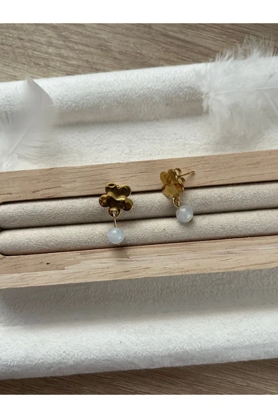 Akuamarin Taşı Çiçek Modelli Çelik Küpe El Yapımı ürün görseli 1
