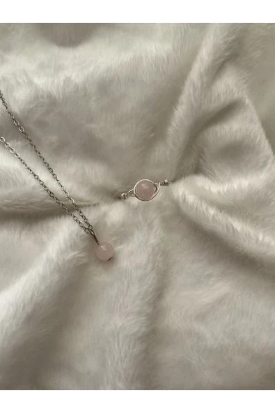 Pembe Kuvars Kolye Yüzük Set El Yapımı Doğal Taş ürün görseli 1