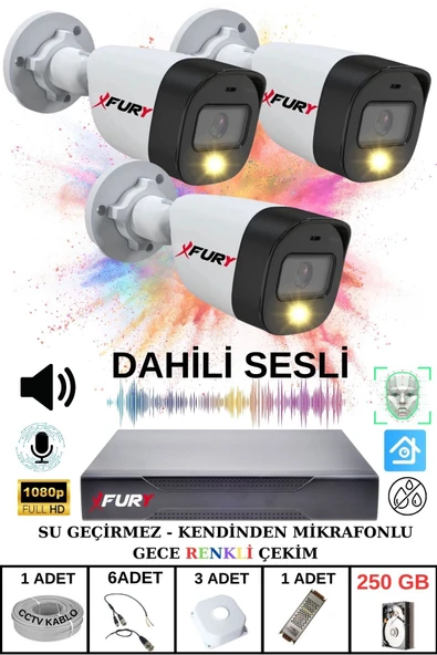 FURY 3 LÜ Sesli Gece Renkli Görüş Güvenlik Kamerası Su Geçirmez Güvenlik Kamerası Seti 250GB ürün görseli 1